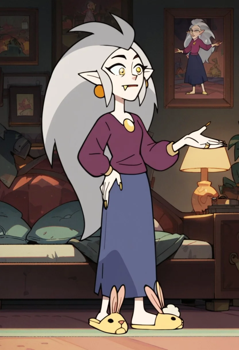 Score_9_up, score_8_up, score_7_up, 1girl, solo, edacoh, pointy ears, grey hair, long hair, yellow eyes, fang, jewelry, earrings, long sleeved shirt, skirt, bunny slippers, hand on hip, bedroom, Expressiveh