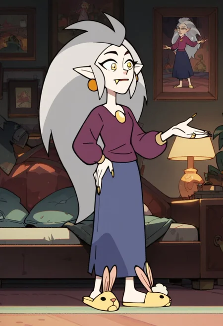 Score_9_up, score_8_up, score_7_up, 1girl, solo, edacoh, pointy ears, grey hair, long hair, yellow eyes, fang, jewelry, earrings, long sleeved shirt, skirt, bunny slippers, hand on hip, bedroom, Expressiveh