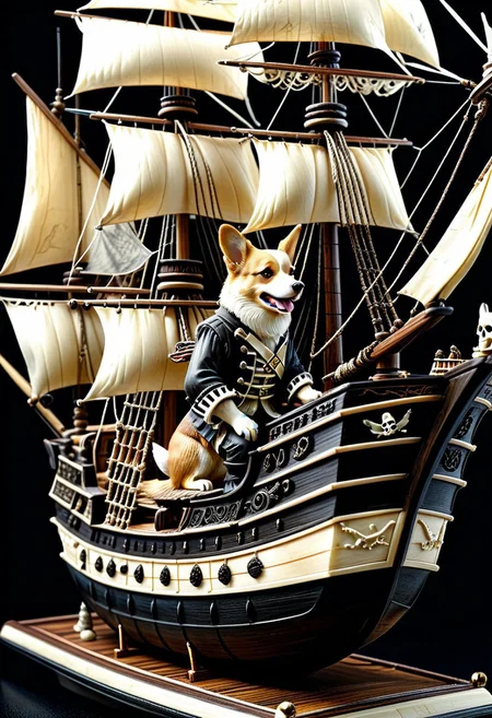A realistic, high-definition image of a corgi pirate sailing a pirate boat made out of, ebony, ivory, scrimshaw, bone carving, cinematic lighting, highly detailed