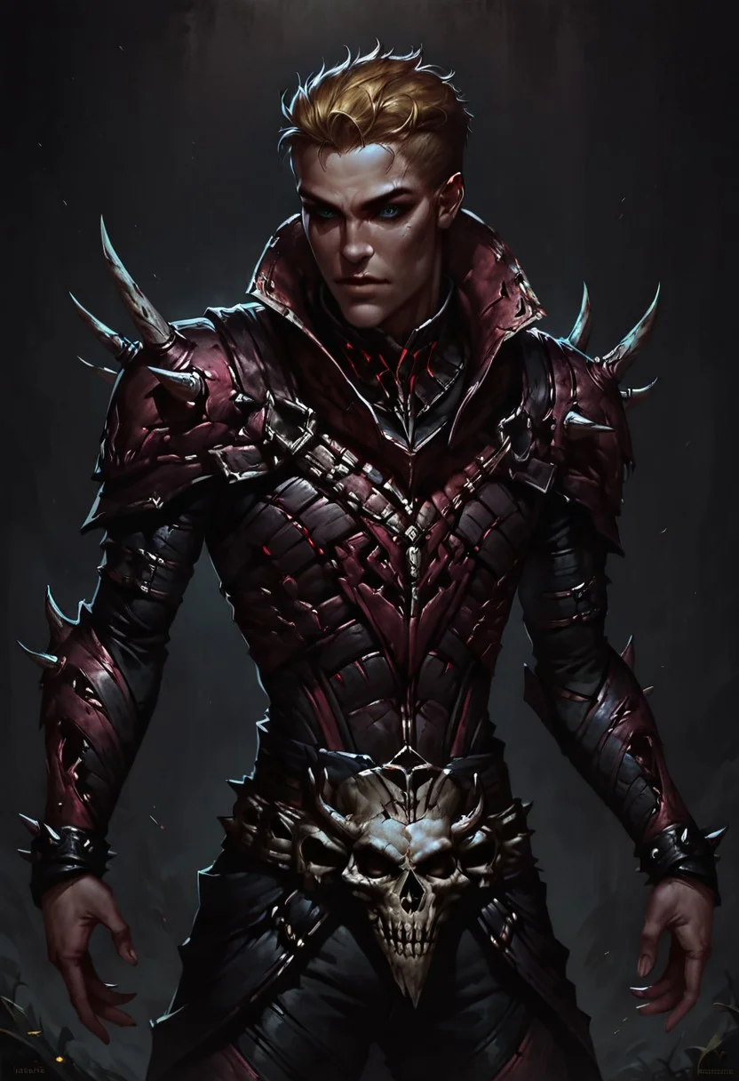 score_9, score_8_up,score_7_up, score_6_up, score_5_up, score_4_up, masterpiece, best quality,
1boy, male, male focus, GW_1_Necromancer_M, red and black armor, heavy armor, skull belt buckle, spikes, blue eyes, blonde hair, light skin, open field, large collar,
BREAK, aesthetic, wallpaper, high quality, upper body, bright colors, high contrast, dark background, vivid lighting,
SkinHairDetail, OverallDetail, fHandDetail, Expressiveh, gwentstyle, concept art, realistic, dark theme, low light,