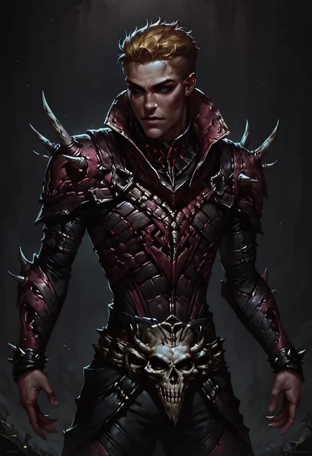 score_9, score_8_up,score_7_up, score_6_up, score_5_up, score_4_up, masterpiece, best quality,
1boy, male, male focus, GW_1_Necromancer_M, red and black armor, heavy armor, skull belt buckle, spikes, blue eyes, blonde hair, light skin, open field, large collar,
BREAK, aesthetic, wallpaper, high quality, upper body, bright colors, high contrast, dark background, vivid lighting,
SkinHairDetail, OverallDetail, fHandDetail, Expressiveh, gwentstyle, concept art, realistic, dark theme, low light,