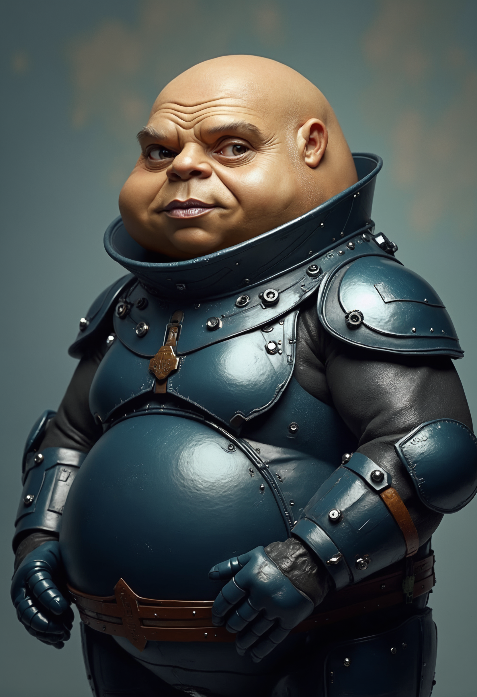 Hyperrealistic portrait of a Sontaran warrior from Doctor Who, posing for the camera against a simple, neutral background. The Sontaran's distinctive potato-like head dominates the frame, its brown, leathery skin textured with pores and subtle wrinkles. Small, deep-set eyes gleam with intelligence and a hint of aggression beneath a prominent brow ridge. The wide, lipless mouth is set in a determined expression, revealing glimpses of teeth.
The Sontaran wears its iconic armor: a sleek, metallic blue-gray bodysuit with intricate patterns and tech-like embellishments. The armor's collar rises high around the neck, emphasizing the warrior's stocky build. Subtle battle scars and wear marks on the armor suggest years of combat experience.
Lighting is even but slightly dramatic, accentuating the Sontaran's unique facial features and the curves of its armor. The background is a soft, out-of-focus gradient, perhaps a muted blue or gray, allowing the Sontaran to stand out clearly.
The warrior's pose is proud and militant - chest puffed out, shoulders back, head held high. One three-fingered hand might rest on a weapon at its hip, while the other is clenched in a fist at its side.