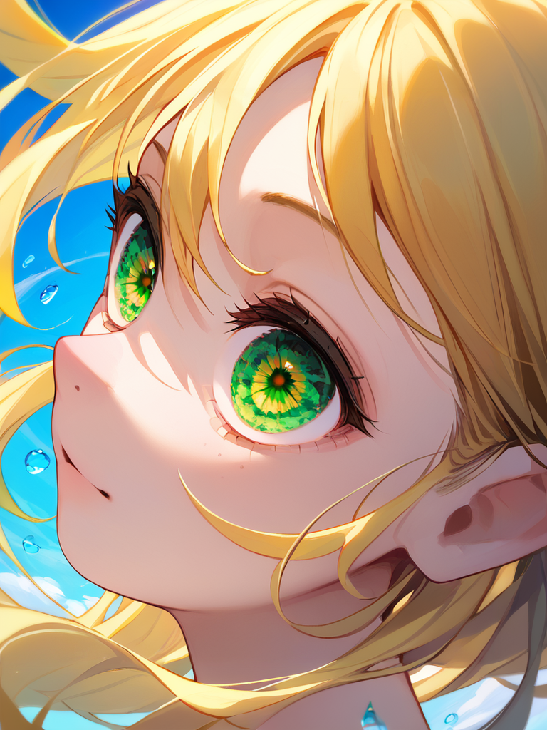 PDXL, <lora:OpalEyesV1Pony:1>, opal_eyes, 1girl, cute face, detailed eyes, long yellow hair, detailed green eyes, close-up, floating