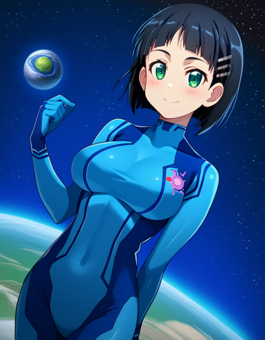 score_9, score_8_up, score_7_up, source_anime, suguhakirigaya, <lora:suguha-kirigaya-s1-ponyxl-lora-nochekaiser:1>, suguha kirigaya, short hair, black hair, hair ornament, hairclip, green eyes, large breasts,, <lora:samus-aran-cosplay-ponyxl-lora-nochekaiser:1>, samusarancosplay, samus aran \(cosplay\), blue bodysuit, bodysuit, covered navel, skin tight, zero suit,, space, planet, earth \(planet\), star \(sky\), galaxy, nebula, moon, blush, smile,, cowboy shot, dutch angle, solo,