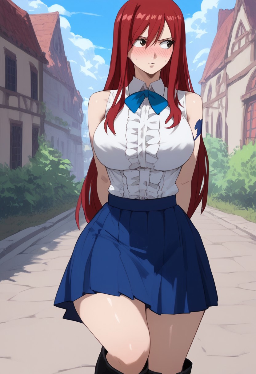 (score_9, score_8_up, score_7_up, high quality, best quality, ultra-detailed, very aesthetic, illustration, perfect composition, intricate details, absurdres, high res image, masterpiece, vibrant colors, beautiful face, detailed face, 1girl, solo focus, perfect eyes, detailed eyes), erza scarlet, Erza_Scarlet, long hair, red hair, hair between eyes, brown eyes, pale skin, thighs, perfect body, voluptuous, large breasts, curvy body, narrow-waisted, wide hips, (skirt, shirt, bow, boots, sleeveless, sleeveless shirt, tattoo, white shirt, frills), (blushing, embarassed, looking to the side, looking away, hands behind back), (fantasy, outdoors, town, park)