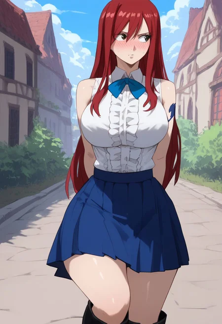 (score_9, score_8_up, score_7_up, high quality, best quality, ultra-detailed, very aesthetic, illustration, perfect composition, intricate details, absurdres, high res image, masterpiece, vibrant colors, beautiful face, detailed face, 1girl, solo focus, perfect eyes, detailed eyes), erza scarlet, Erza_Scarlet, long hair, red hair, hair between eyes, brown eyes, pale skin, thighs, perfect body, voluptuous, large breasts, curvy body, narrow-waisted, wide hips, (skirt, shirt, bow, boots, sleeveless, sleeveless shirt, tattoo, white shirt, frills), (blushing, embarassed, looking to the side, looking away, hands behind back), (fantasy, outdoors, town, park)