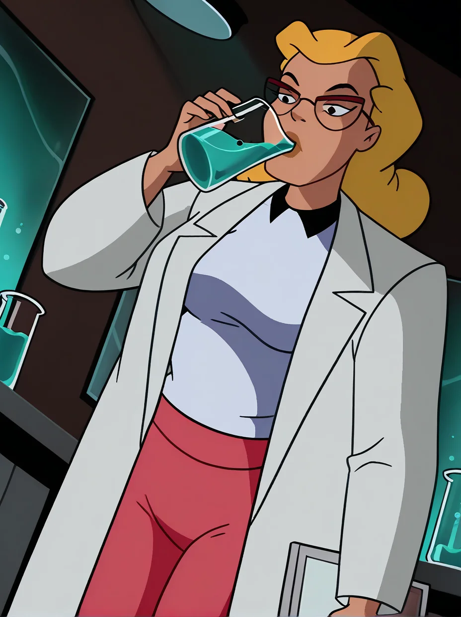 <lora:She-Bat_-_Batman_Animated_Illustrious_v2:1.0>, <lora:dcau234-illu3_r1:0.4>, <lora:takeda_hiromitsu_style_illustrious_goofy:0.4>, frbtas, 1girl, labcoat, drinking, holding, drinking from a (beaker), teal liquid, blonde hair, white shirt, pink pants, medium breasts, dramatic lighting, glasses, cowboy shot, dutch angle, laboratory background