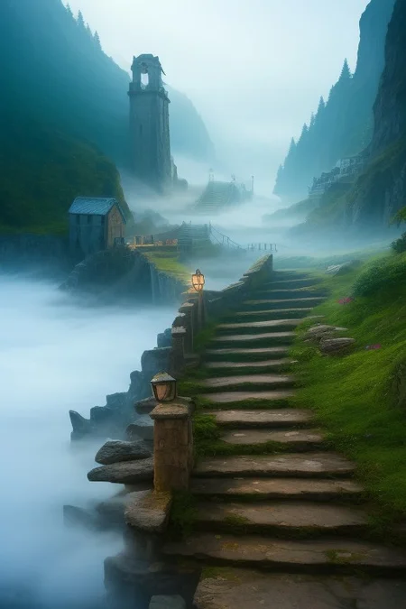 masterpiece, high quality, 4k, An old stone staircase leading down to the pier of a small coastal village, early morning, shrouded in fog,