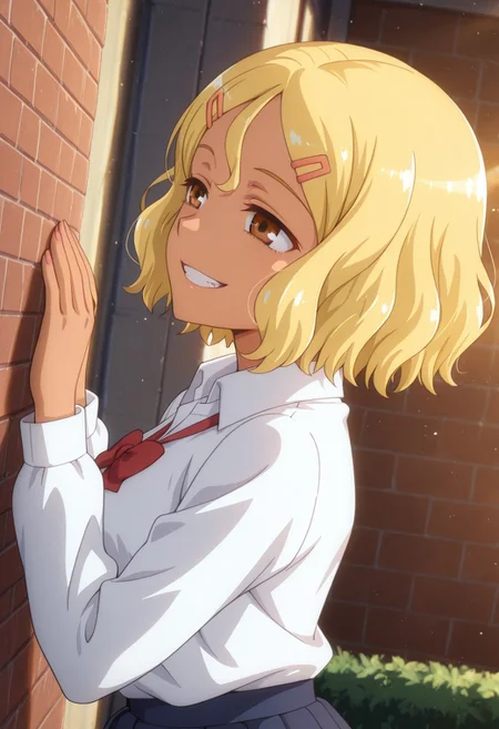 1girl, solo, masterpiece, best quality, newest, absurdres, CG, anime, source anime, illustration, very aesthetic, high resolution, ultra-detailed, newest, scenery, medium depth of field, rule of thirds, masterpiece-level, clean lines, sharp, focused subject, 
BREAK 1girl, ((solo)), Sakura_LW, anime screenshot, blonde hair, short hair, hair ornament, hairclip, dark skin, dark-skinned female, brown eyes, gyaru
skirt, school uniform, shirt, long sleeves, white shirt,  shirt_partially_tucked_in,
closeup to face, portrait, smile, grin, outside border
outdoors, school yard,
motion lines, from both sides, cinematic angle, various angles, detailed background, beautiful background, (rays light:1.0),(grow:1.0), light particles