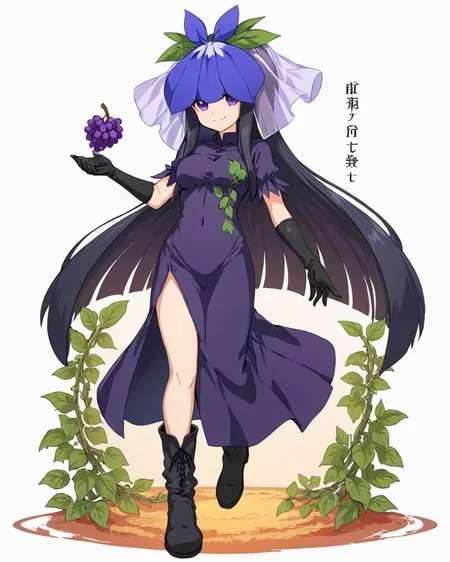 yomotsu hisami,1girl, solo, skull, white_background, facing_viewer, full_body, grapes, boots, smile, veil, vines, simple_background, elbow_gloves, breasts, flower, closed_mouth, standing, black_footwear, black_gloves, character_name, holding, purple_gloves, monster_girl, black_dress
<lora:yomotsu_hisami_image362_2023-12-20:1>,star-shaped_pupils,symbol-shaped_pupils,. gorgeous,key visual, vibrant, studio anime,award-winning, professional, highly detailed,high budget, cinemascope