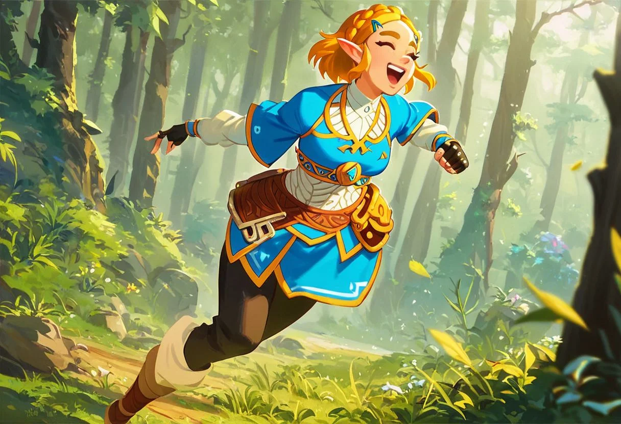 score_9, score_8_up, score_7_up, score_6_up solo, princess zelda, legend of zelda: breath of the wild, short hair, official art, cowboy view, running through the forest, laughing,