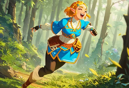 score_9, score_8_up, score_7_up, score_6_up solo, princess zelda, legend of zelda: breath of the wild, short hair, official art, cowboy view, running through the forest, laughing,