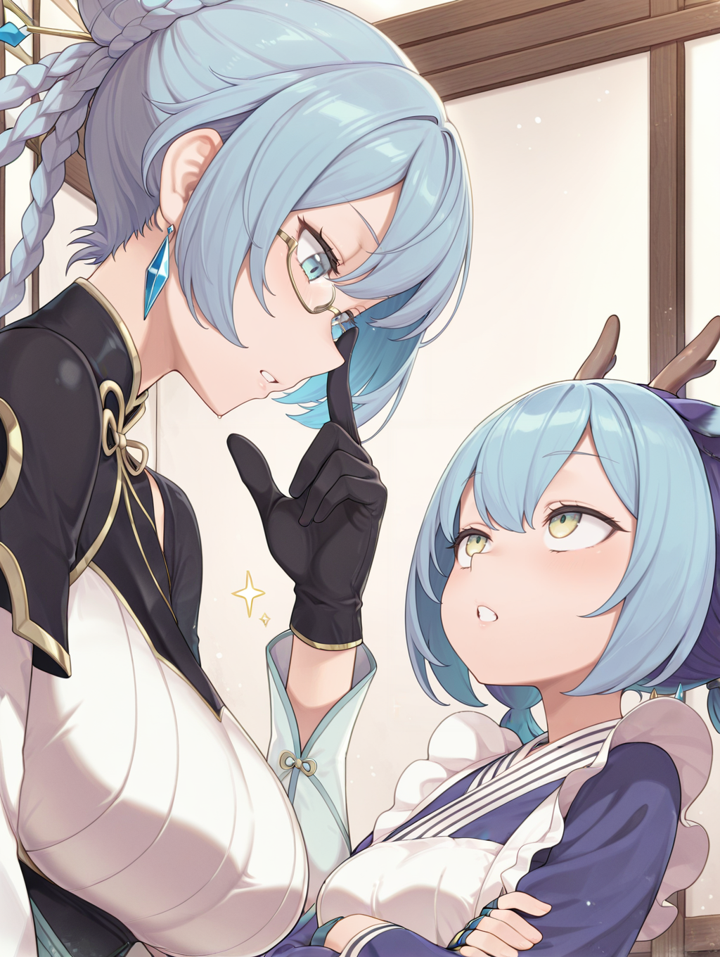 2girls,looking at another,from side,
BREAK dragon tale fymena,large breasts,sparkle,upper body,open mouth,adjusting eyewear,blue hairpin,yellow hairclip,gold under-rim eyewear,black capelet,black china dress,cyan detached sleeves,black gloves,single blue earring,tall female,looking down,blue eyes,<lora:Dragon Tale Fymena illuXL v1.31:0.76>,
BREAK laundry dragonmaid,blue maid outfit,blue fingerless gloves,open mouth,:o,looking up,multicolored hair,small breasts,half-closed eyes,crossed arms,clenched teeth,
masterpiece,best quality,amazing quality,very aesthetic,absurdres,newest,<lora:laundry dragonmaid & eldlich the golden lord illuXL v1:0.7>,