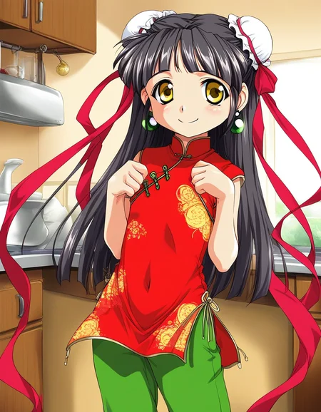 score_9, score_8_up, score_7_up, source_anime, rating_explicit, BREAK  <lora:Kounyan_Ver2.0_XL:1> Kounyan, solo, black hair, long hair, double bun, hair bun, bun cover, yellow eyes, ribbon, earrings,  green_jewelry, short stack,
red china dress, red ribbon,  green pants,  smile,
looking at viewer, 
cowboy_Shot,
apartment house, room, kitchen,
