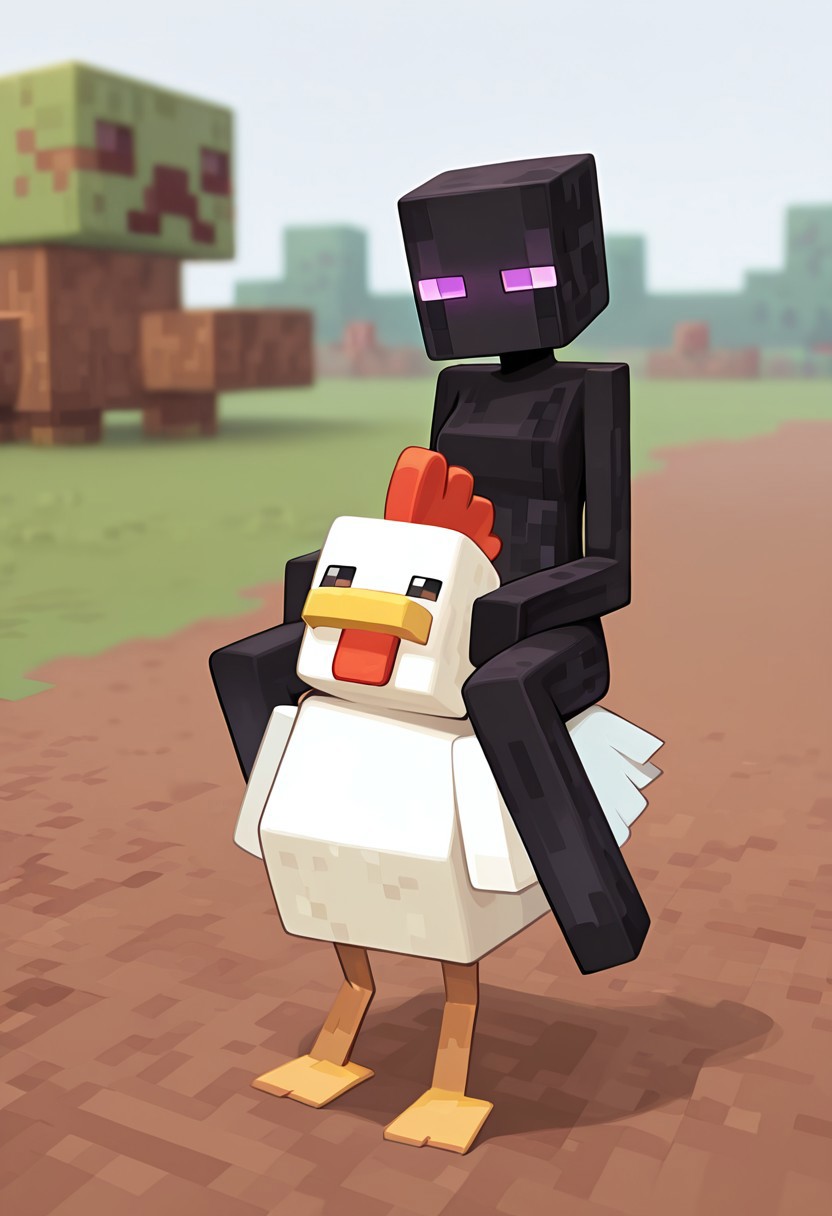 masterpiece, best quality, amazing quality, very aesthetic, absurdres, newest, , detailed background, 
 movie scene, cinematic scene, cinematic, foreground blur, depth of field, 
klskx
enderman, no humans, purple eyes, rectangle eyes, , solo, black skin, no mouth, square head, square body, black head , pokemon (creature), 
mikus-concept, minecraft chicken, riding, chicken jockey, sitting, white background, square body, square head
