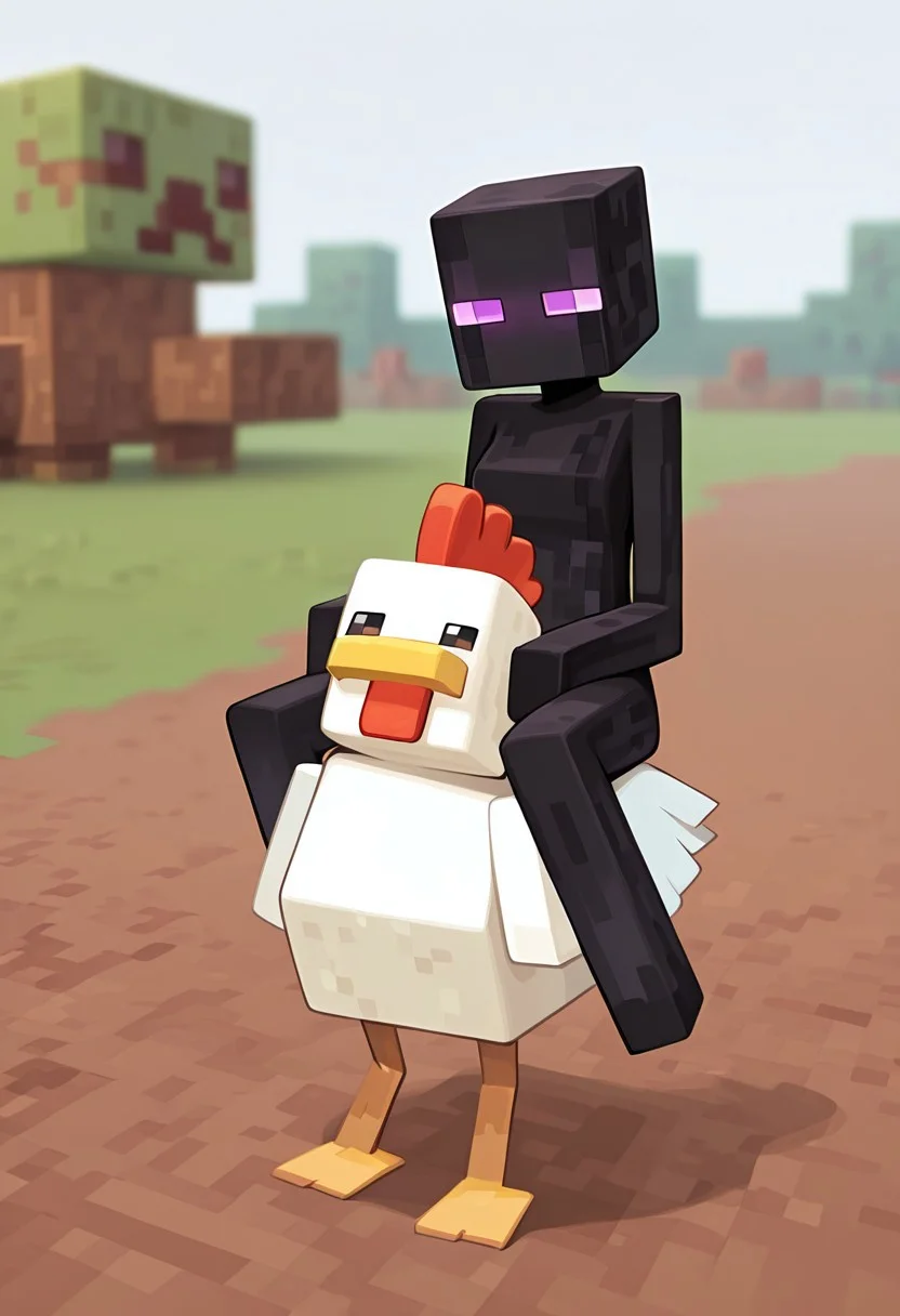 masterpiece, best quality, amazing quality, very aesthetic, absurdres, newest, , detailed background,
movie scene, cinematic scene, cinematic, foreground blur, depth of field,
klskx
enderman, no humans, purple eyes, rectangle eyes, , solo, black skin, no mouth, square head, square body, black head , pokemon (creature),
mikus-concept, minecraft chicken, riding, chicken jockey, sitting, white background, square body, square head