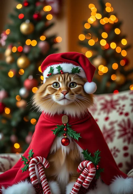A cat dressed in festive clothing wearing a christmas hat and cape. Cothing is intricately designed chrismtass themed outfit, featuring holly, candy canes and chrismass tress. The background is a festively decorated living room.
