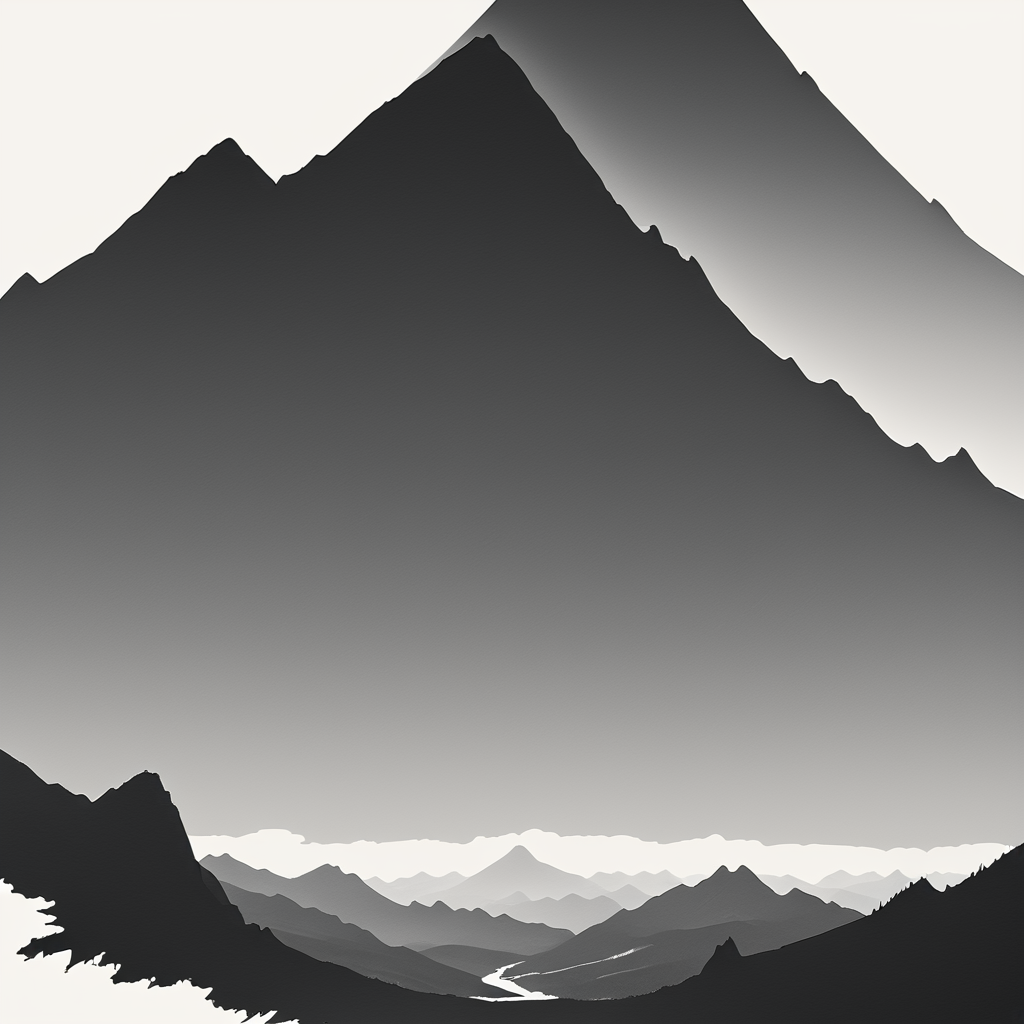 Minimalist Vector Art, ArsMJStyle, A black and white minimalist illustration of a mountain range with sharp, angular peaks. The background is a flat white, giving the mountains a dramatic, isolated feel. The overall mood is stark and majestic. mountains, landscape, silhouette, monochrome, greyscale, nature, simple background, white background.  <lora:Minimalist_vector_artSDXL:1>