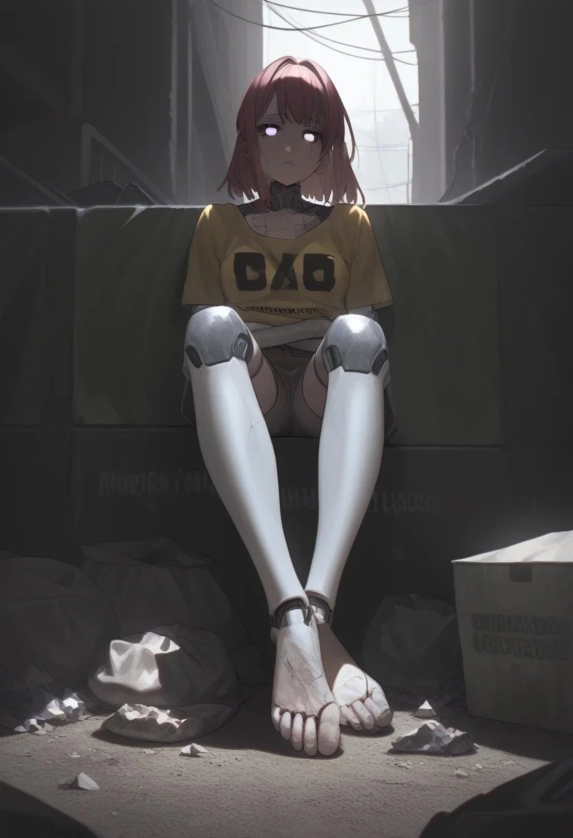 abbystea style, detailed,masterpiece,score_9,score_8_up,score_7_up,score_6_up,1girl,female, solo,anime, medium hair,white eyes,glowing eyes, metal skin,wire,(cracked skin),melancholy,joints,android,mechanical parts,dark,cyberpunk,sitting,trash bag,trash,slums,dirty,clutter,sad,barefoot,poverty,catharsis,cracked face, fullbody, dramatic lighting,yellow tshirt,source_anime, outdoors, sad face, close up, low angle, khaki shorts, ripped clothes, medium breasts, hands, wires
