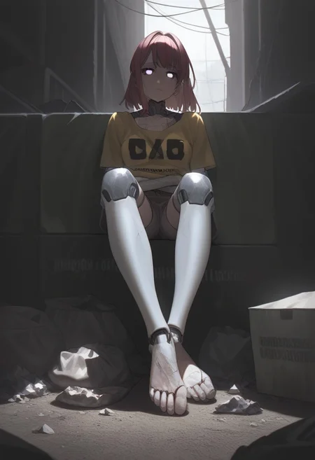 abbystea style, detailed,masterpiece,score_9,score_8_up,score_7_up,score_6_up,1girl,female, solo,anime, medium hair,white eyes,glowing eyes, metal skin,wire,(cracked skin),melancholy,joints,android,mechanical parts,dark,cyberpunk,sitting,trash bag,trash,slums,dirty,clutter,sad,barefoot,poverty,catharsis,cracked face, fullbody, dramatic lighting,yellow tshirt,source_anime, outdoors, sad face, close up, low angle, khaki shorts, ripped clothes, medium breasts, hands, wires