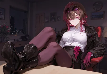 masterpiece, best quality, hyper-realistic, ultra-HD, luminous lighting, cinematic ambiance, shimmering gradients, ethereal glow, deep contrast, rich color tones, seductive atmosphere, captivating sensuality, Cinematic Lighting, raytracing, volumetric lighting, ambient occlusion, very awa, absurdres, amazing quality, ultra-detailed,8K,illustration,CG,
BREAK
shiny hair, clear skin, ultra-detailed-eyes, simple background, cute girl, eyelashes, slender, large breasts, (mature female), slim body, long lushes, long legs, flat stomach, usnr, SagawaStyle,
BREAK
Kafka_Honkai, pink_eyes, red_hair, long_hair, large_breasts, pink_eyes, red_hair, long_hair, large_breasts, eyewear_on_head, white_shirt, collared_shirt, black_coat, coat, purple_gloves, high-waist_shorts, thigh_strap, long_sleeves, single_thigh_boot, pink_pantyhose,
BREAK
sitting, outstretched legs, feet on table, crossed ankles, full body, on chair, office, indoors, night, flower, road, olive green, desk lamp, window, clock, bulletin board, carpet, dark brown,