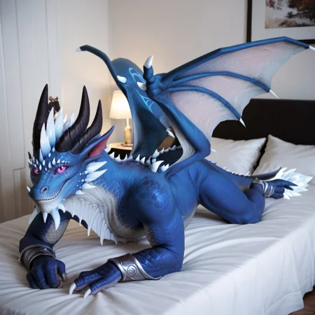 score_9, score_8_up, score_7_up, score_6_up, score_5_up, score_4_up, masterpiece, high quality, realistic, detailed, best quality, white bed, solo, rating_safe, source_furry, bedroom, smiling, seductive pose, lying on belly, looking at viewer, on bed, full body, kalecgos_wc, dragon, blue scales, wings, horns, tail, tail end, claws, male, 1boy, purple sclera, black slit pupils