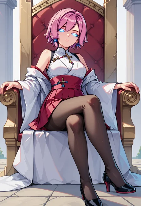 source_anime, 1girl, maeve, pink hair, short hair, (score_9, score_8_up, score_7_up), queen throne, sitting, cross legged, high heels, pantyhose, red skirt, pleated skirt, white kimono, looking at viewer, half-closed eyes, detailed face, detailed eyes, portrait,