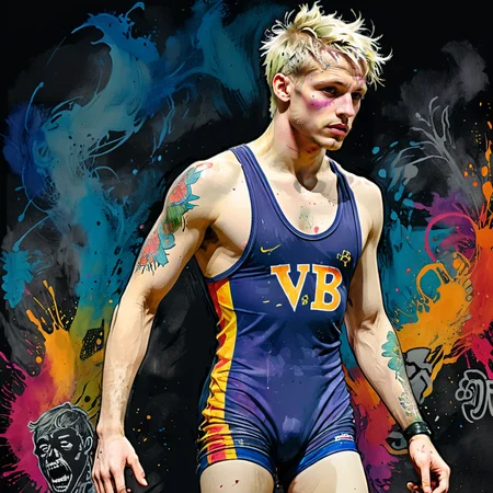 (a messy ink drawing in the style of John Blanche) depicting a slim boyish adult wearing a wrestling singlet, VPL, he has cropped blonde hair and tattoos, shading, strong lines, bright colors, vividly queer, inky background, <lora:xl_more_art-full_v1:1>, <lora:wrestling_singlets_xl-12:1>
