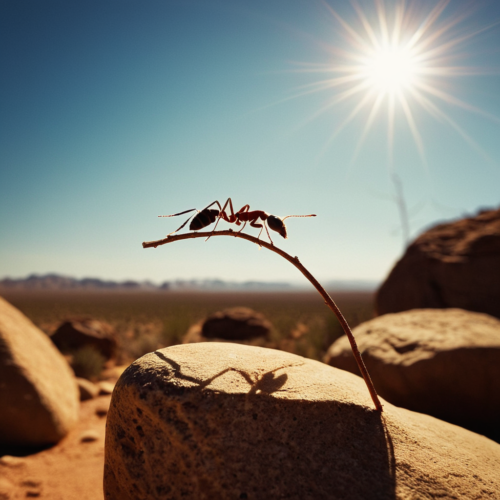 cinematic film still of <lora:Juxtaposition style:1>
Juxtaposition of a small ant carrying a branch on top of a rock with sun in backgroun,1girl,solo,sun,desert Juxtaposition, artistic, photography, dramatic light, dramatic shadow light, contrast, saturated color, cinematic, filmic, photographic, realistic, realism, perfection, perfect, Juxtaposed, opposite, different things, side by side, syncretism, antithesis, Juxtaposition style, shallow depth of field, vignette, highly detailed, high budget, bokeh, cinemascope, moody, epic, gorgeous, film grain, grainy