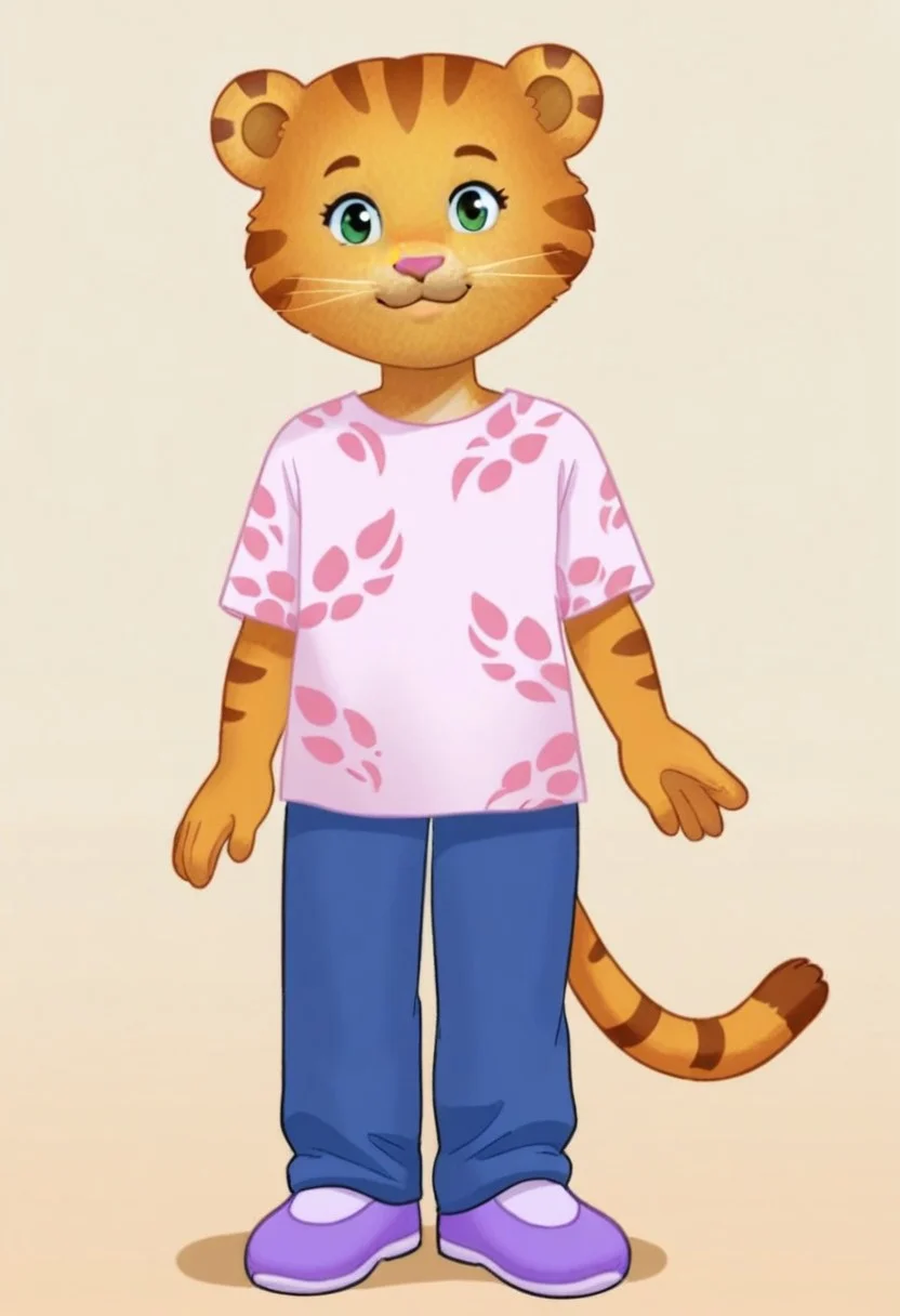 1girl, solo, Collette, anthro, tiger, soft orange fur, darker tiger stripes on her head, arms, and tail, purple shoes, light pink short-sleeved shirt, blue pants, standing, looking at viewer, smiling, closed mouth, simple background