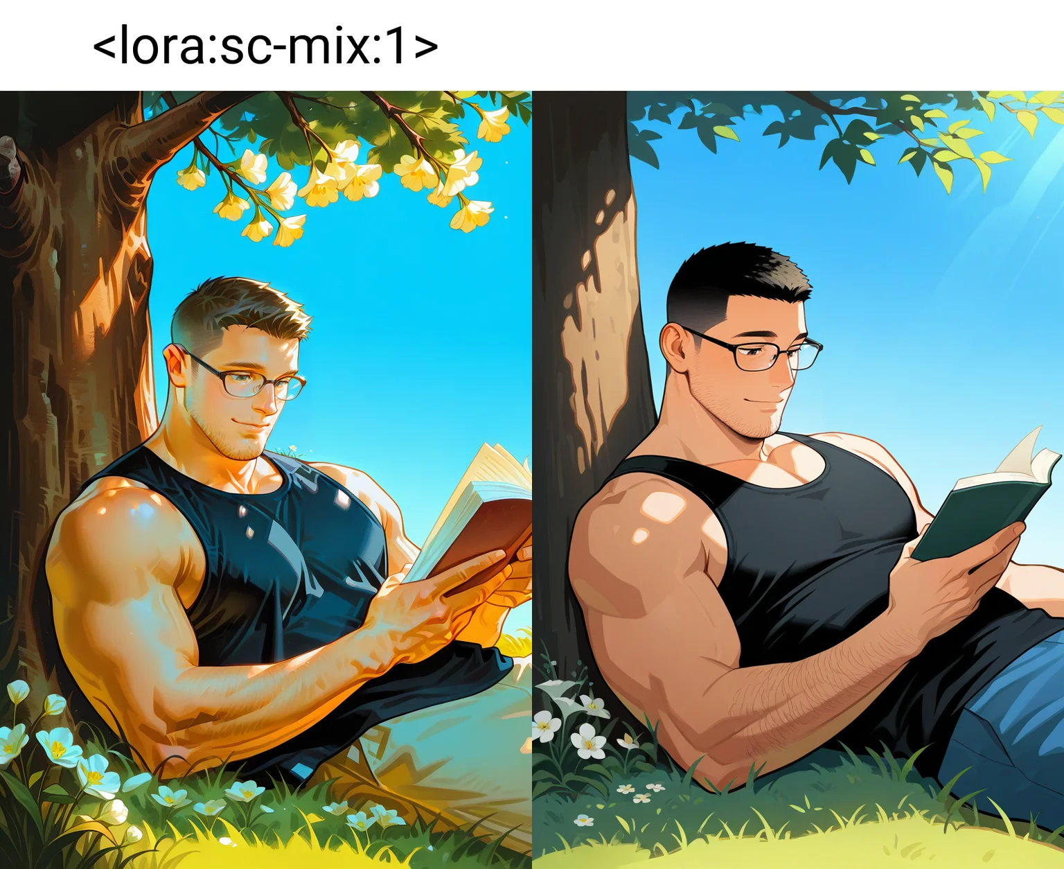 1boy,mature male,black tank top,holding book,looking down,glasses,happy,crew cut,stubble,light smile,leaning back,under tree,grass,sunlight,flower,blue sky,
masterpiece,best quality,amazing quality,<lora:sc-mix:1>,