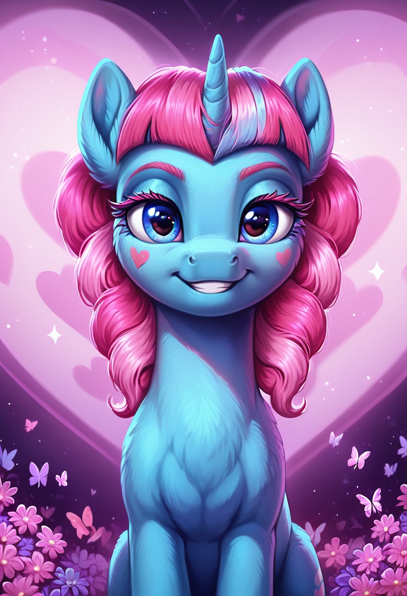 masterpiece, score_9, score_8_up, score_7_up, score_6_up, (best quality:1.1), ultra-detailed, high resolution, (UNICORN PONY)), (SOLO), (1GIRL), (FERAL PONY), ((KIWI LOLLIPOP), (pony nuzzle), ((detailed pink hair with light pink and blue stripe:1.5)), (highly detailed pony face), (highly detailed eyelashes:1.5), (beautiful detailed blue eyes), (detailed blue fur:1.5), (smirking), ((highly detailed purple pink heart shaped stage  background:1.5)), (purple pink flowers:1.5), (pink purple stage lights:1.5), (purple pink butterflies:1.5), high quality, sharp, the quality of ai art is frightening, highly detailed, Highly Visible, sharp focus, high detail, detailed background,