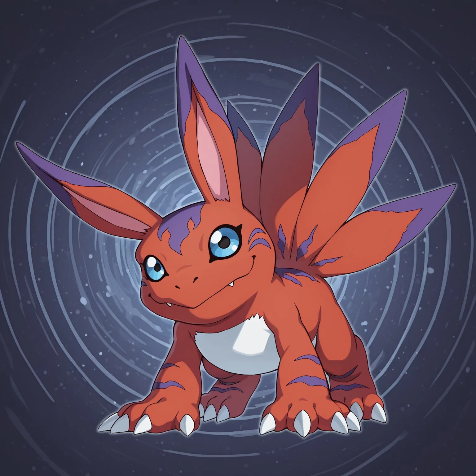 2d, solo, Digimon (creature), Elecmon, red fur, purple markings, two tone fur, pink inner-ears, long ears, claws, three toes, blue sclera, black pupils, white countershade torso, multiple tails,
BREAK on all fours, smile, looking at viewer, abstract background
BREAK best quality, amazing quality, very aesthetic, absurdres, newest, high quality, masterpiece