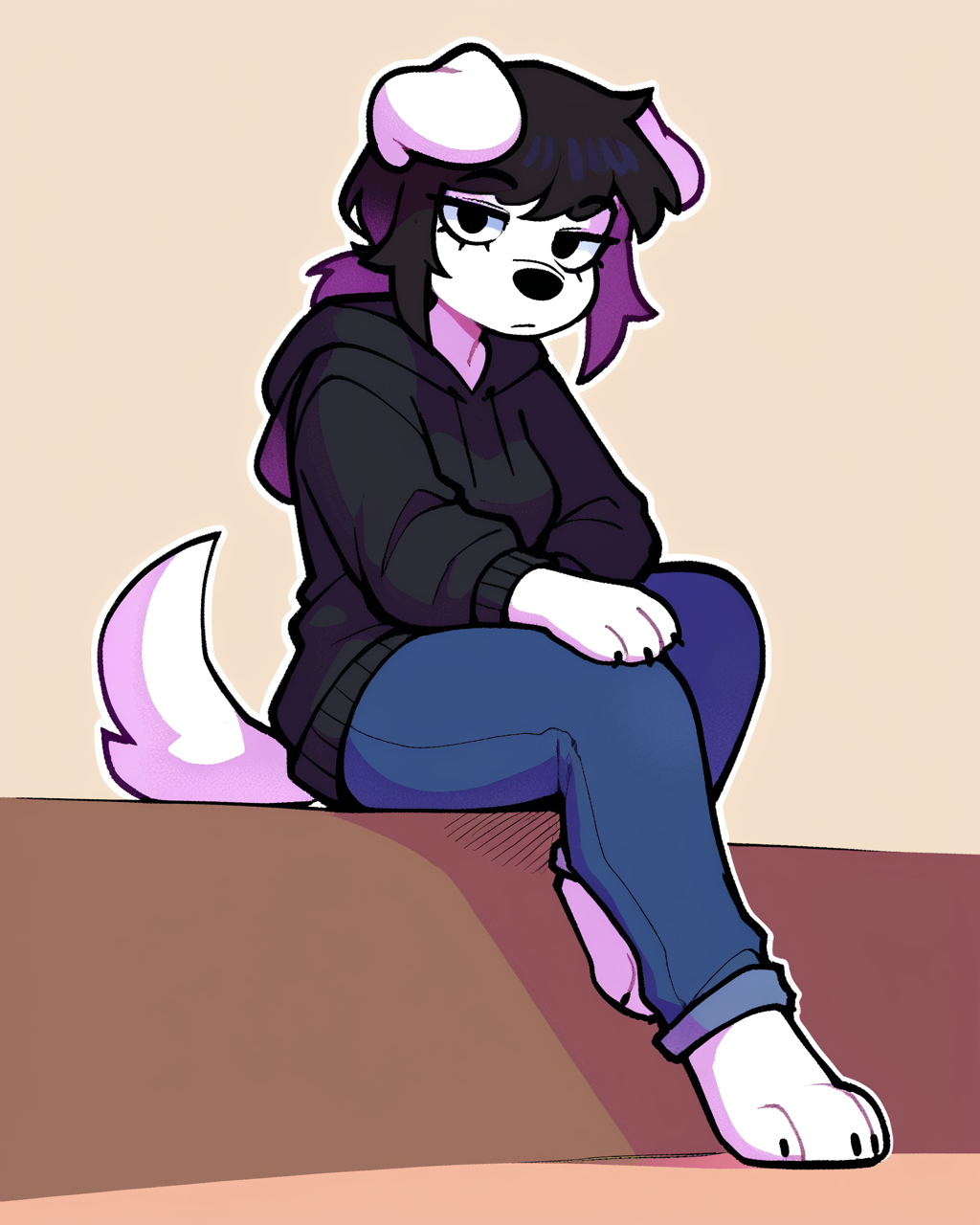 score_9_up, score_8_up, score_7_up, score_6_up, by remanedur, paws, sitting, backwards arm support, low-angle view, medium breasts, black hair, dog, white body, floppy ears, black topwear, hoodie, ponytail, female, looking at viewer, tail, solo, neutral expression, jeans, three-quarter view, head tilt, simple background, white outline, <lora:PDXL_artist_tags_v2_big:0.5> <lora:The-Minuscule-Task_PDXL_v1.0:0.6>   <lora:Teddy_bearsockz:0.7>