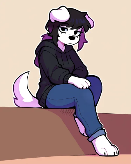 score_9_up, score_8_up, score_7_up, score_6_up, by remanedur, paws, sitting, backwards arm support, low-angle view, medium breasts, black hair, dog, white body, floppy ears, black topwear, hoodie, ponytail, female, looking at viewer, tail, solo, neutral expression, jeans, three-quarter view, head tilt, simple background, white outline, <lora:PDXL_artist_tags_v2_big:0.5> <lora:The-Minuscule-Task_PDXL_v1.0:0.6> <lora:Teddy_bearsockz:0.7>