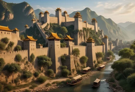 ultra realism, realistic image with high quality 8k and above, stable focus on an extremely breathtaking natural landscape from the Middle Ages, on an ancient knight's fortress built in the mountains and next to it there is a village with houses made of bamboo, a castle, ruins, a fortress, a castle, a village, wooden houses, tents, awnings, rocks, horses, elephant, full water river. boats, palm trees, dense vegetation, protective wall around the village and the fortress, road, medieval period, Chinese symbols, Chinese temple, road, in countries along the way Chinese medieval warriors dressed in traditional clothing characteristic of the Middle Ages in China, color balance, golden hour,