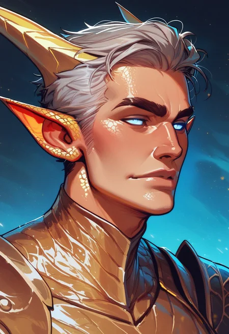 score_9, score_8_up, score_8, score_7_up, score_7, score_6_up, score_6, score_5_up, handsome man, light skin with a hint of red, glowing white eyes, silver hair, gold accessories, armor, (dragon scales, dragon scales on face, gold scales:1.1), monster ears, jagged ears, emotionless expression, vox machine style, 1boy, male focus, solo, close up portrait , fantasy, sky background, (dynamic lighting:1.1)
((masterpiece))