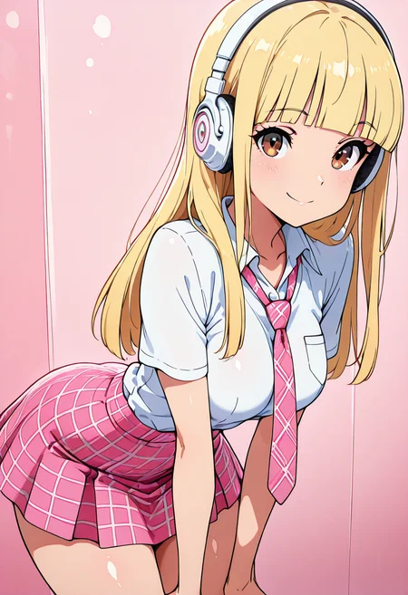 masterpiece, best quality, solo, curvy, beautiful eyes, narrow waist, wide hips, 1girl, solo, smile, looking at viewer, foreshortening, close up, anime screenshot, zzPearlCitron, brown eyes, blonde hair, long hair, straight hair, blunt bangs, white headphones, pink necktie, collard shirt, white shirt, plaid skirt, pink skirt, shirt tucked in, ,<lora:PearlRakuCitronOC_IXL:1.0>, bent over, hands on knees, side view, flirty smile, cowboy shot, looking at viewer,