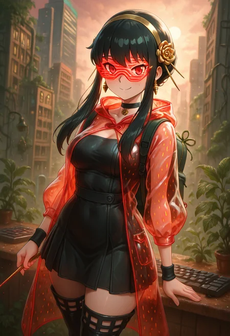 masterpiece, best quality, solo, curvy, beautiful eyes, narrow waist, wide hips, 1girl, solo, smile, looking at viewer, dynamic angle, foreshortening, close up,    Yor Briar, Yor Forger, 1girl, black hair, red eyes, short hair with long locks, gold hairband, hair flower, black choker,       strbrry, <lora:StrawberryWorldMorph_IXL_v1:1.0>,   [Neon Pulse Hacker], transparent raincoat with fiber optic trim, glitch-print hoodie, pleated tech skirt, static-charged leg warmers, holo-screen wristband, light-up keyboard backpack, binary tights, neon wire glasses, digital city skyline, floating data cubes, side smirk, glowing fingertips,