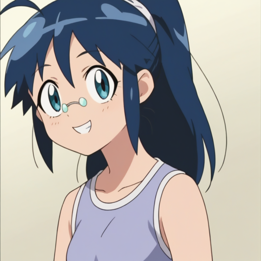 score_9, score_8_up, score_7_up, score_6_up, score_5_up, score_4_up, simple background, anime screencap,  anime coloring, source_anime, animification,   <lora:Aki_Hinata:0.8> , akihin, 1girl, tank top, blue eyes, blue hair, smile, teeth, hair tie, ponytail, long hair, looking at viewer, light smile, rimless eyewear,
