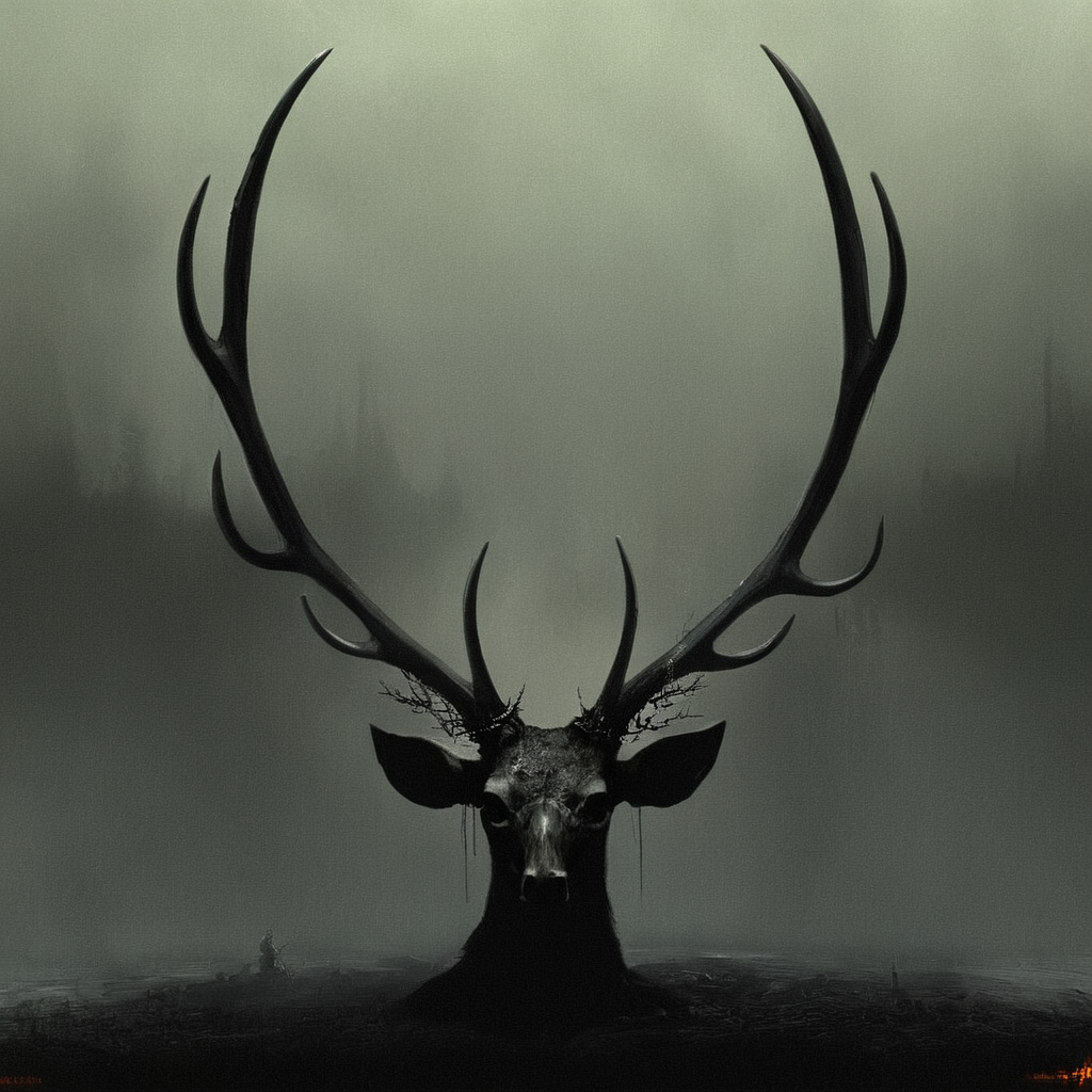 Horror-themed,  <lora:perfection style:0.6>
 <lora:Chiaroscuro Lighting Style:0.6>
 <lora:carcosa city style v2:0.9>
In an ancient and mysterious city a painting of a crown and antlers with a black background carcosa city style,simple background,no humans,antlers , detailed, real, different, unique, cinematic, dramatic, concept art, filmic, detailed background, detailed settings, artstation, carcosa city style, Eerie, unsettling, dark, spooky, suspenseful, grim, highly detailed