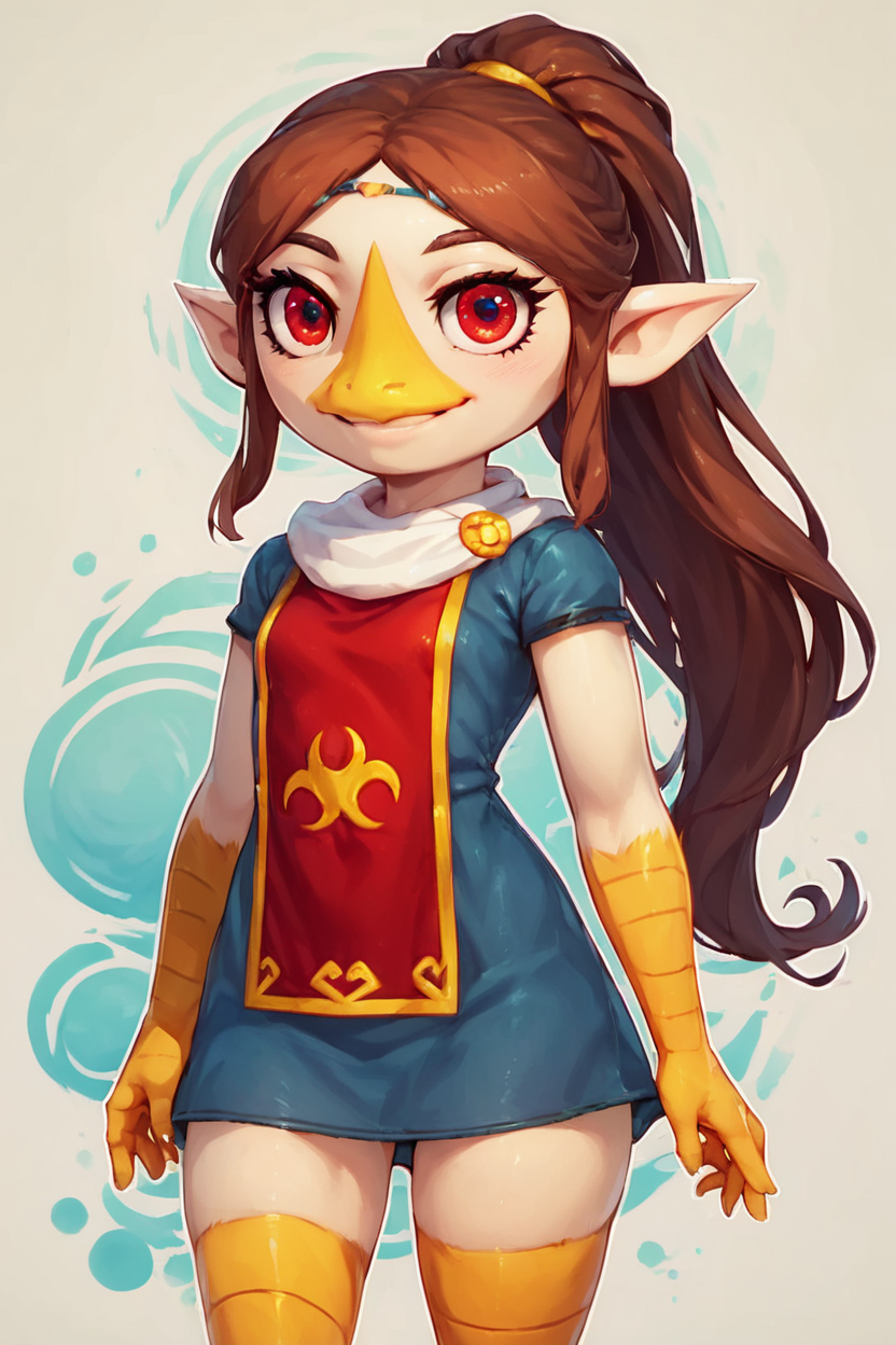 score_9, score_8_up, score_8, medium breasts, (curvy), cute, eyelashes,       BREAK, ,  <lora:MedliZelda_PDXL_v2:0.8>,  zzMedli, solo, 1girl, brown hair, beak, pointy ears, bird, long hair, long hair, red eyes, ponytail, blue dress, red tabard,, BREAK, smile, looking at viewer,  abstract background, white outline, cowboy shot, embedding:zPDXL, Expressiveh, <lora:CatalystStylePDXL:0.6>,  <lora:SDXLFaeTastic2400:0.5>,  <lora:Expressive_H-000001:0.4>,