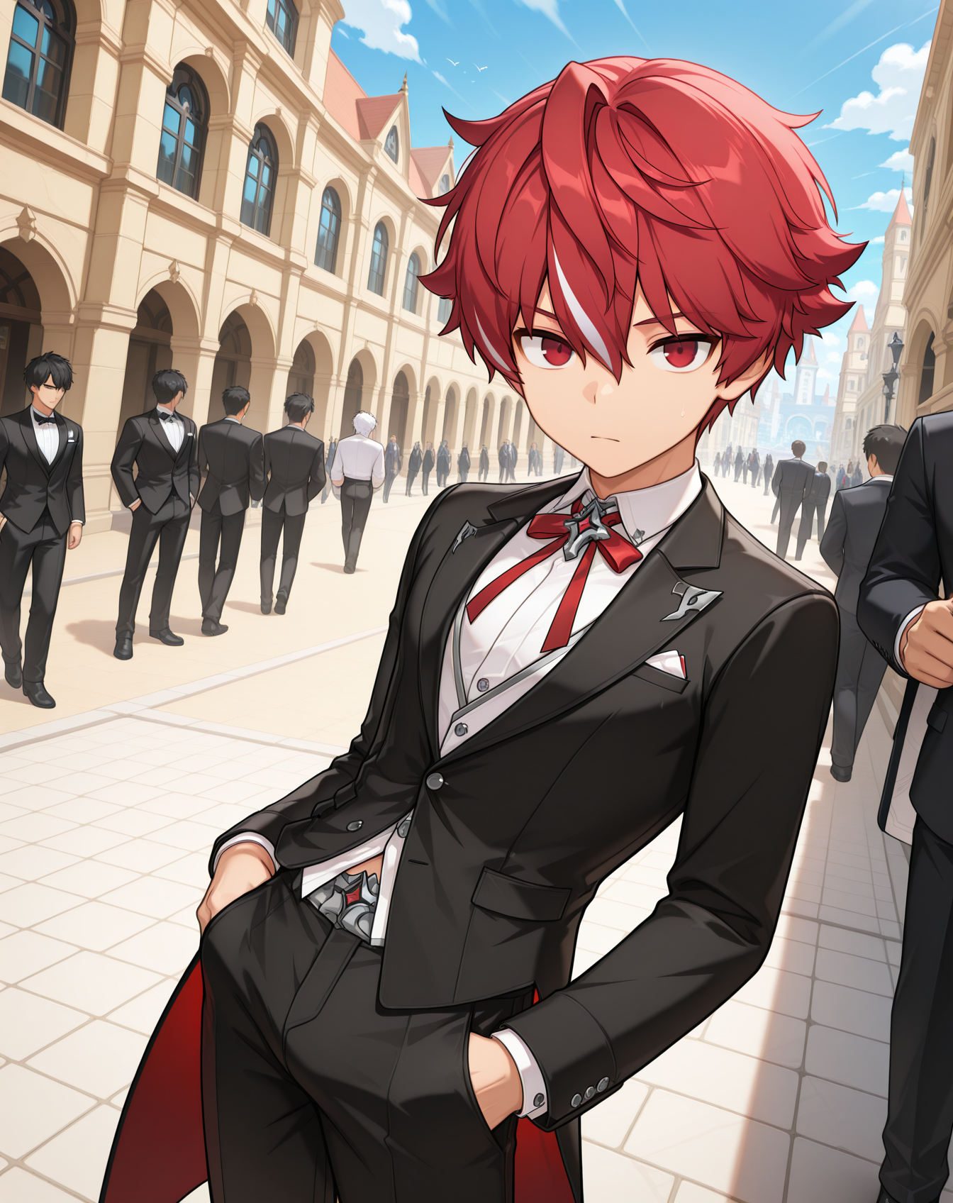 masterpiece,best quality,amazing quality, newest, very aesthetic, absurdres,
1boy, solo, yaoi, male focus, looking at viewer, cowboy shot, standing,
 <lora:Elsword_Sacred_Templar_ilxl:1> elswordst, red hair, red eyes, streaked hair, white hair, 
formal, tuxedo, neck ribbon, white shirt, collared shirt, black pants, shoes, black footwear, suit jacket, black jacket,
outdoors, day, blue sky, building, people,