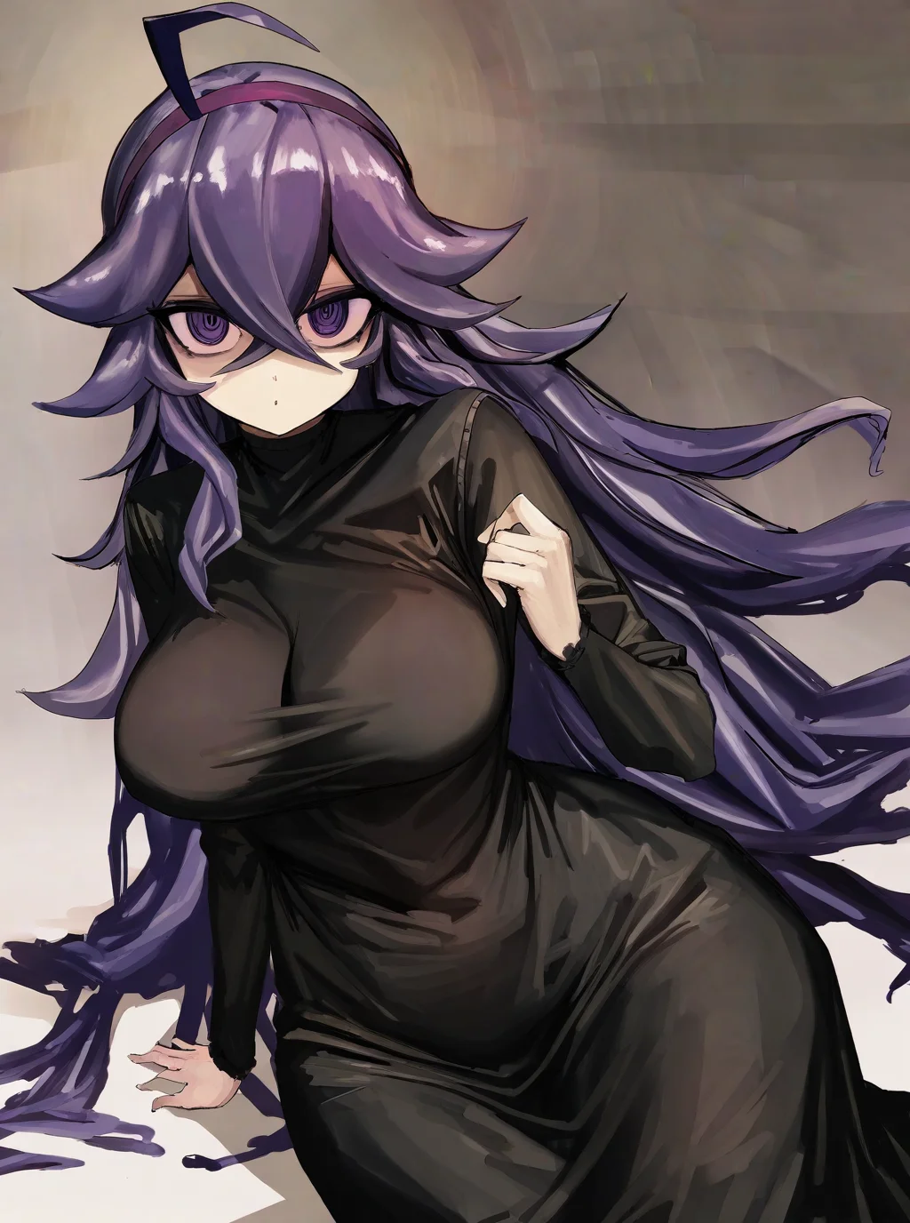 by lm7, 1girl, purple hair, purple eyes, long hair, ahoge, breasts, black dress, masterpiece, aesthetic, ,, <lora:hex_maniac_lycoris_dim16_alpha16_adafactor_1em4:1>, HEX_MANIAC, HEX_MANIAC_COSTUME,