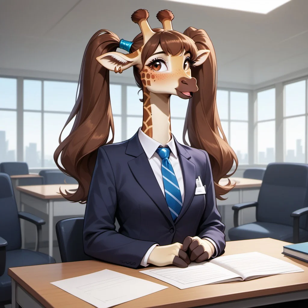 score_9, score_8_up, score_8_up, M4dd13G1r4ff3, anthro giraffe, sitting, news desk, james bond, business suit, twintails, makeup, pierced ears, straight on, upper body,