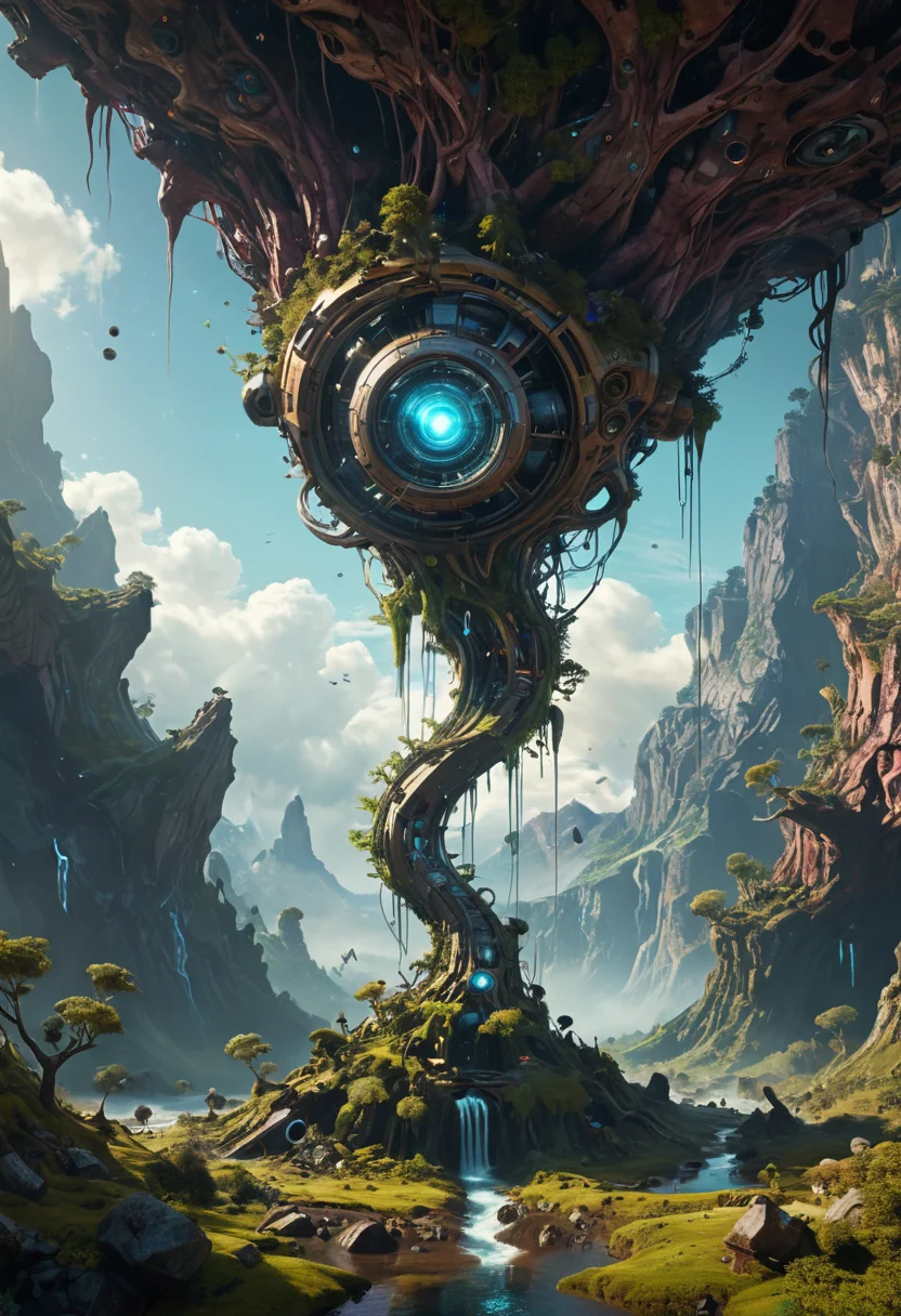a machine god in the machine universe encounters a living being organic cosmos inside an asymmetric orthogonal non - euclidean upside down inside out world with an infinite cosmic spiral waterfall of living information, inspired by android jones and beeple, hyperrealistic, extreme detail, digital art, concept art, rendered in cinema 4 d, cryengine 8 k <lora:add-detail-xl:0.7>, <lora:xl_more_art-full_v1:0.7>