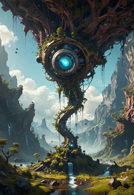 a machine god in the machine universe encounters a living being organic cosmos inside an asymmetric orthogonal non - euclidean upside down inside out world with an infinite cosmic spiral waterfall of living information, inspired by android jones and beeple, hyperrealistic, extreme detail, digital art, concept art, rendered in cinema 4 d, cryengine 8 k <lora:add-detail-xl:0.7>, <lora:xl_more_art-full_v1:0.7>