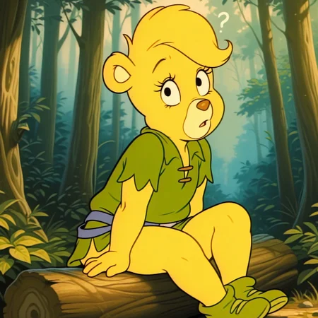 masterpiece, best quality, amazing quality, sunni, female, furry female, anthro, young, solo, bear, yellow fur, short hair, black eyes, yellow muzzle, brown nose, eyelashes, paw pads, short, green shirt, blue belt, green shoes, sitting on log, confused, looking at viewer, outdoors, forest