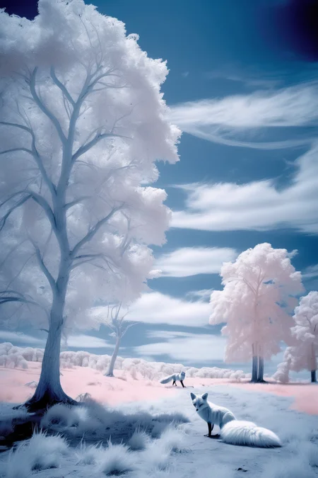 <lora:Infrared Photos:1>Infrared Photos - blue infrared photography of some trees on the horizon, a fox moving in the foreground