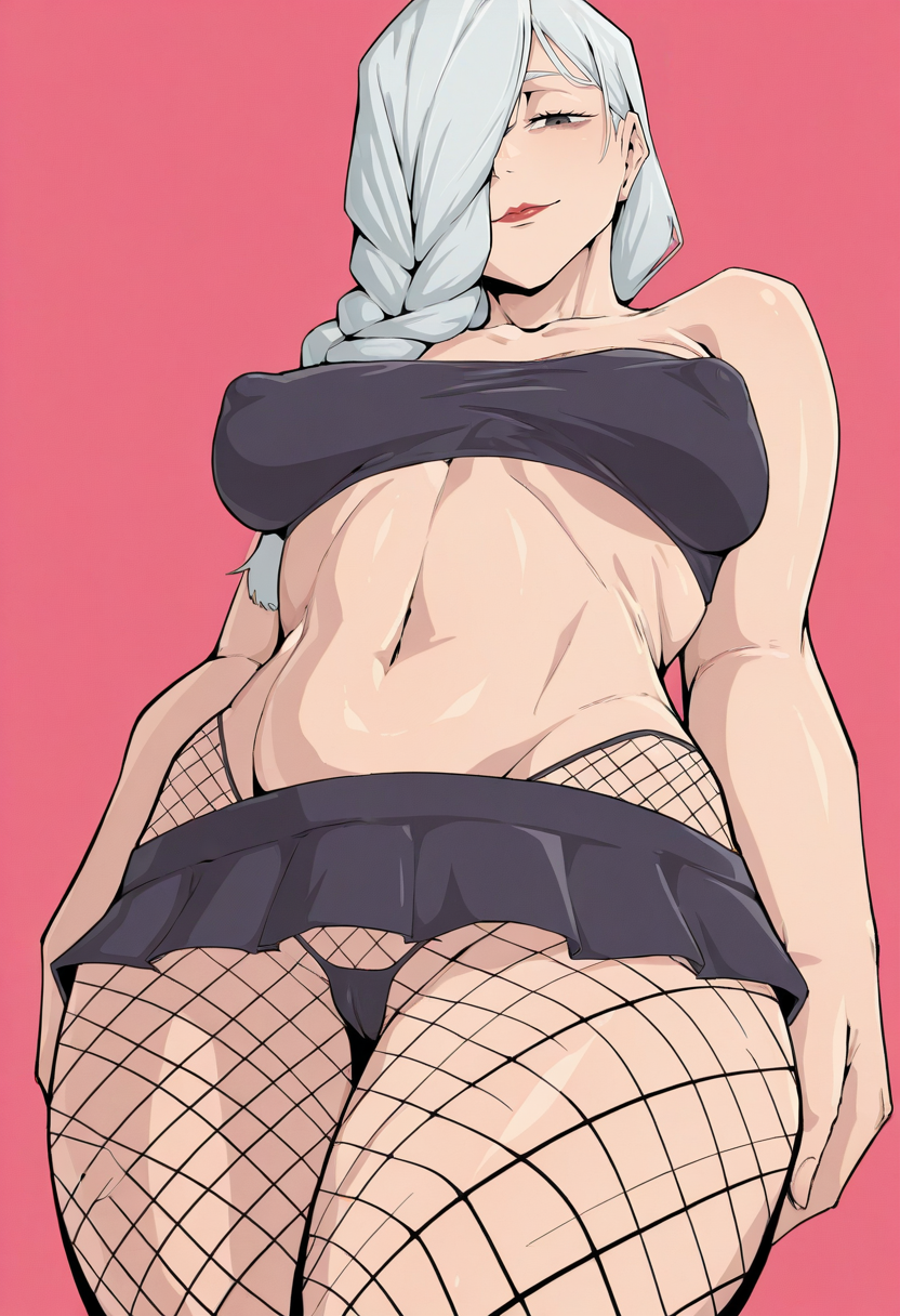 masterpiece, best quality,<lora:owasobi:1> 0w4s0b1,
1girl, solo,
From below
looking at viewer, light smile,
mei mei \(jujutsu kaisen\), white hair, braid,black eye, lipstick, hair over one eye, 
tube top, microskirt, covered nipples, fishnet pantyhose, 
simple background, Salmon Pink  background,